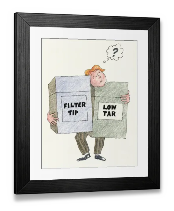 Framed Print : Illustration of man with question mark above head holding two oversized filter tip and low tar cigarette packs