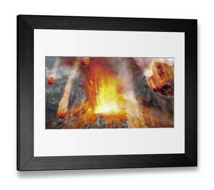 Framed Print : Digitally generated image of erupting volcano with fireballs in air Framed Print : Digitally generated image of erupting volcano with fireballs in air