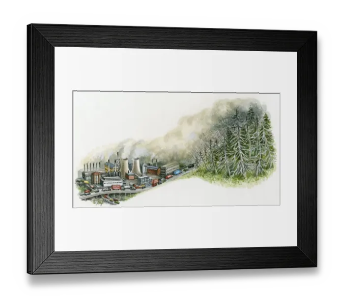 Framed Print : Illustration of industrial pollution spreading from city to trees above Framed Print : Illustration of industrial pollution spreading from city to trees above