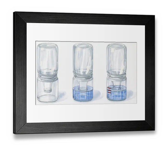 Framed Print : Illustration of three milk bottles turned upside down in glass jars used as barometers to forecast pressure