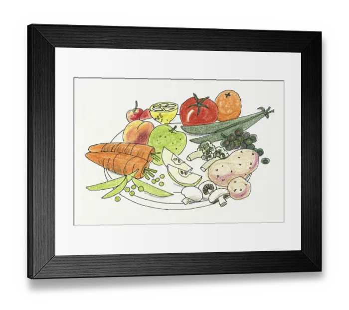 Framed Print : Illustration of fruit and vegetable, including mushrooms, beans, carrots, potatoes, tomato, orange, apple, lemon, cherry, peas, peach, grapes, and cauliflower Framed Print : Illustration of fruit and vegetable, including mushrooms, beans, carrots, potatoes, tomato, orange, apple, lemon, cherry, peas, peach, grapes, and cauliflower