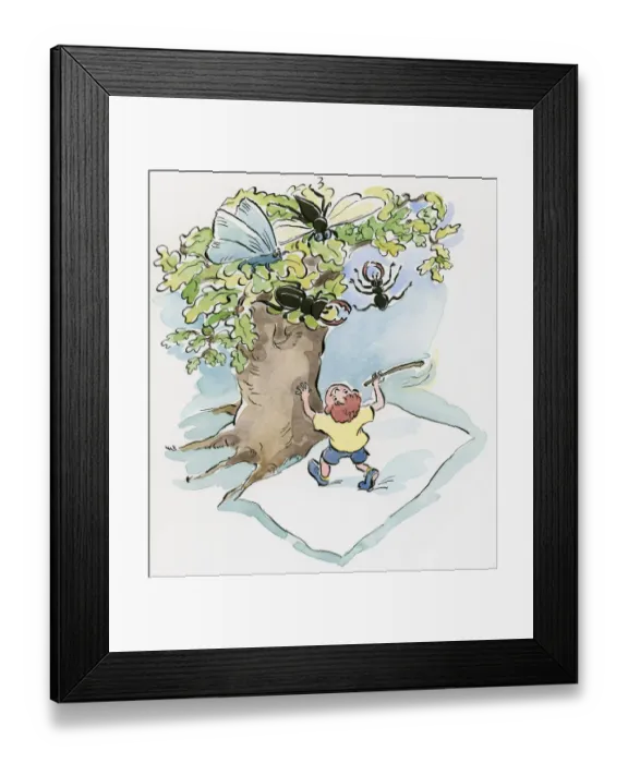 Framed Print : Cartoon of boy using stick make insect fall and fly from top of tree onto white sheet