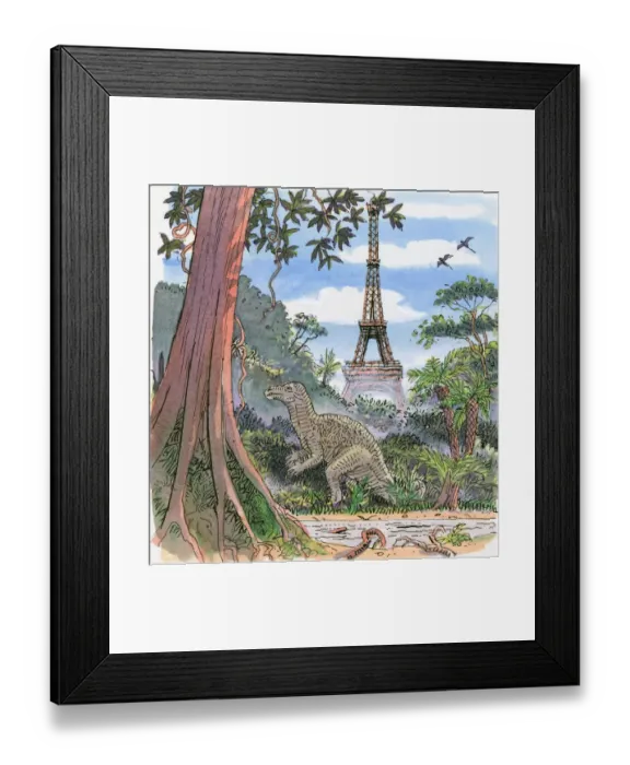 Framed Print : Illustration showing dinosaur in humid climate with Eiffel Tower in background Framed Print : Illustration showing dinosaur in humid climate with Eiffel Tower in background