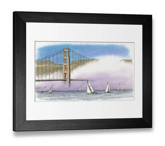 Framed Print : Illustration of sailing boats and Golden Mist on San Franciscos Golden Gate Bridge often wrapped in mist because warm California air is chilled by cold sea currents Framed Print : Illustration of sailing boats and Golden Mist on San Franciscos Golden Gate Bridge often wrapped in mist because warm California air is chilled by cold sea currents