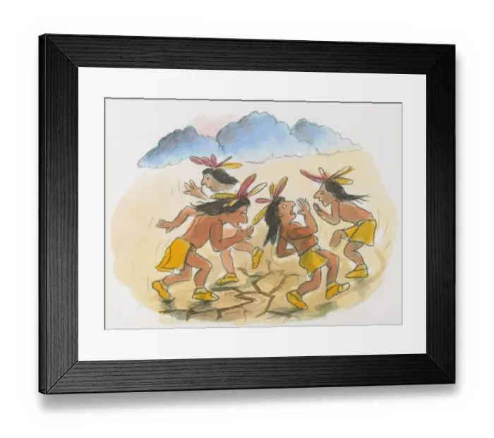 Framed Print : Cartoon of Native American men performing rain dance Framed Print : Cartoon of Native American men performing rain dance