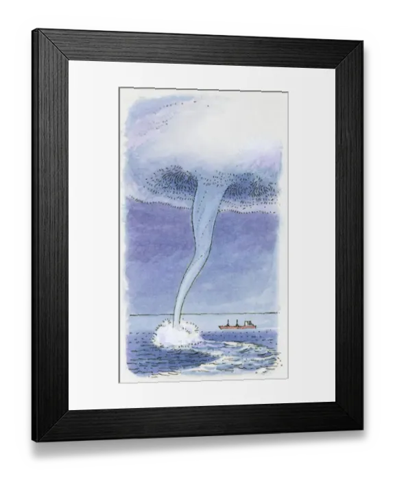 Framed Print : Illustration of tornado, a thin condensation funnel reaching from cloud to sea with ship in background Framed Print : Illustration of tornado, a thin condensation funnel reaching from cloud to sea with ship in background