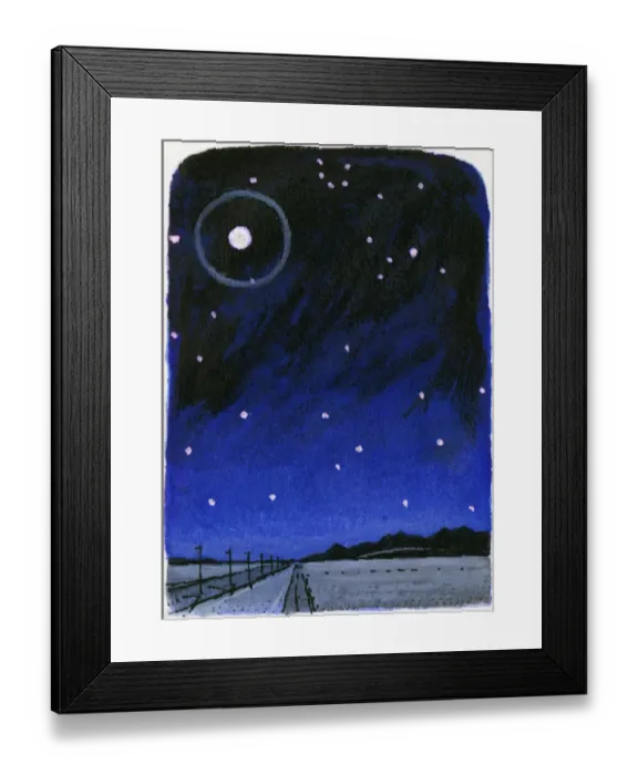 Framed Print : Illustration of ring around full moon caused by reflection of moonlight from crystals in upper atmosphere of night sky filled with bright stars Framed Print : Illustration of ring around full moon caused by reflection of moonlight from crystals in upper atmosphere of night sky filled with bright stars