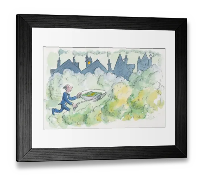 Framed Print : Cartoon of man running on yellowish-green smog caused by smoke from chimneys, holding over-sized bowl of pea soup and spoon Framed Print : Cartoon of man running on yellowish-green smog caused by smoke from chimneys, holding over-sized bowl of pea soup and spoon