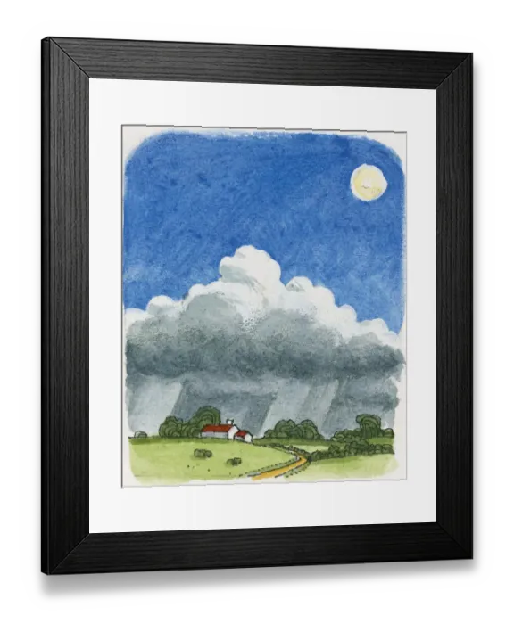 Framed Print : Illustration of storm cloud over farmhouse with blue sky above Framed Print : Illustration of storm cloud over farmhouse with blue sky above
