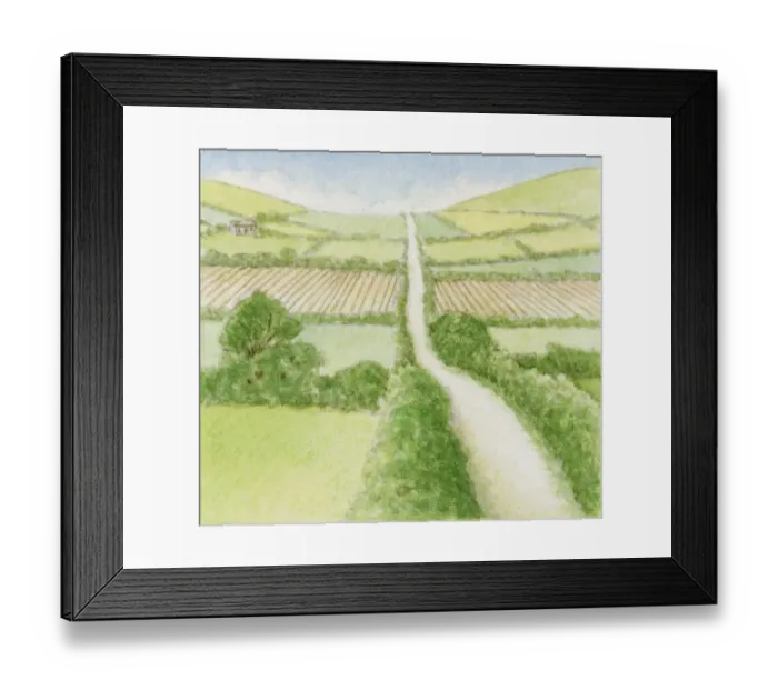 Framed Print : Illustration of country road through agricultural fields Framed Print : Illustration of country road through agricultural fields