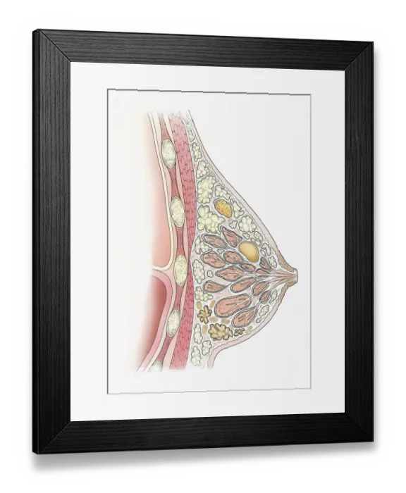 Framed Print : Illustration showing cyst, fibroadenoma, and fibrocystic disease in cross section of human breast Framed Print : Illustration showing cyst, fibroadenoma, and fibrocystic disease in cross section of human breast