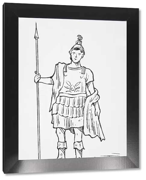 Black and white illustration of Roman God Mars holding spiculum