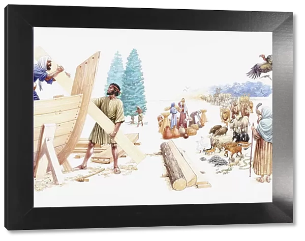Illustration of Noah and his three sons Shem, Ham, and Japheth constructing the Ark as his wife calls chosen animals using shofar