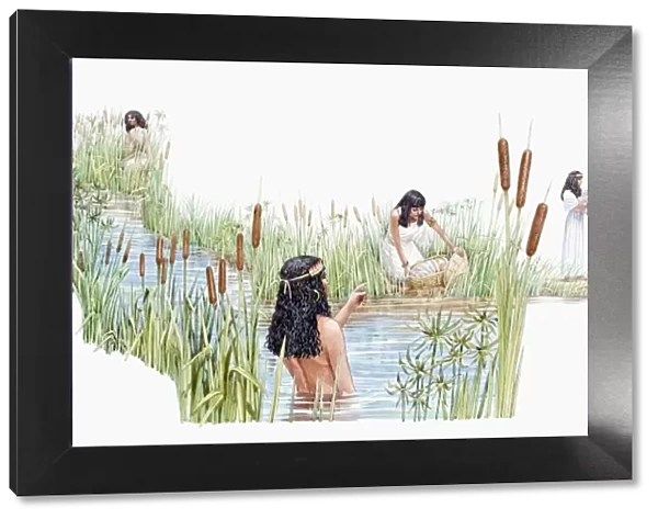 Illustration of Thermuthis bathing in River Nile as Jochebed holds baby Moses in basket made of bulrushes on riverbank