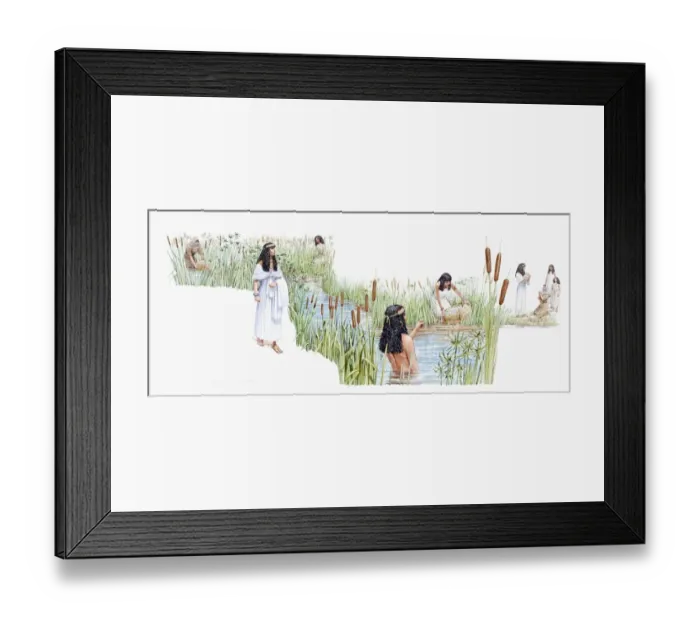 Framed Print : Illustration of Thermuthis bathing in River Nile as Jochebed holds baby Moses in basket made of bulrushes on riverbank Framed Print : Illustration of Thermuthis bathing in River Nile as Jochebed holds baby Moses in basket made of bulrushes on riverbank