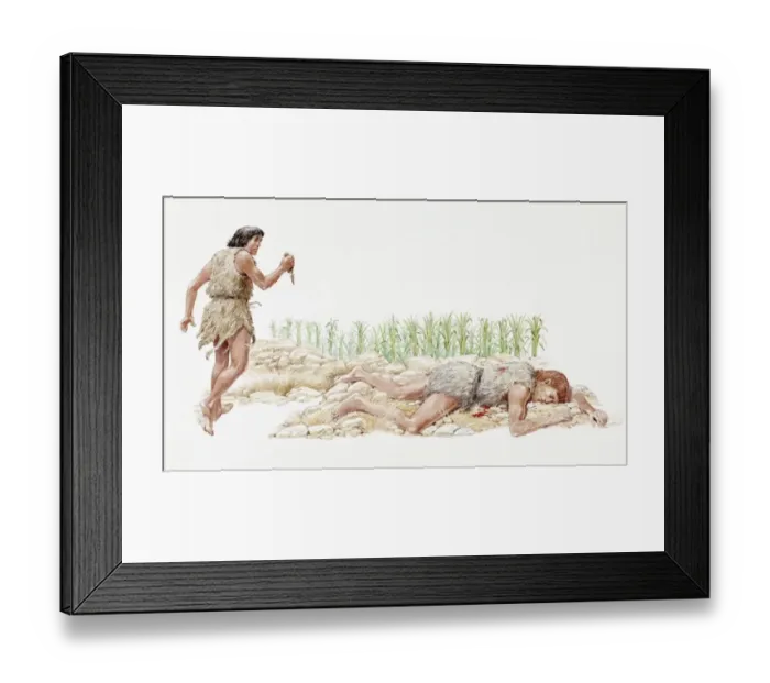 Framed Print : Illustration of Cain brandishing knife near body of his brother Abel lying dead on rocks Framed Print : Illustration of Cain brandishing knife near body of his brother Abel lying dead on rocks