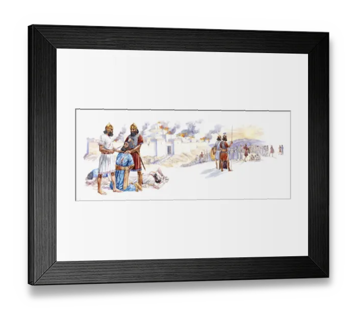 Framed Print : Illustration of soldier holding Zedekiah as Nebuchadnezzar blinds him using knife as his sons lie dead, and Jerusalem is destroyed by fire