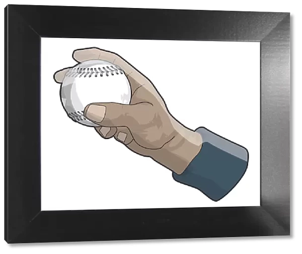 Hand holding baseball, two fingers placed over top of ball, fastball