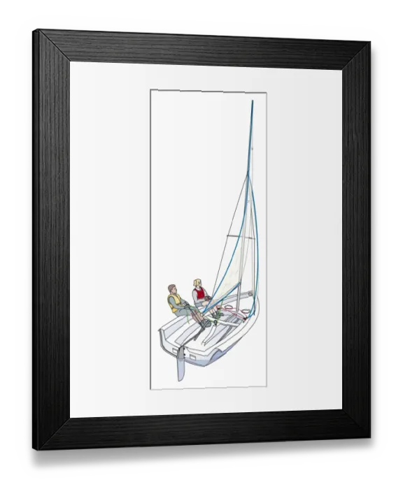Framed Print : Two people in sailboat, pulling sail in tightly