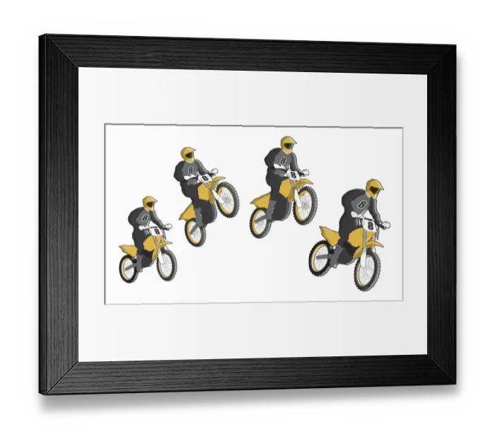 Framed Print : Four stages of motocross rider jumping and landing Framed Print : Four stages of motocross rider jumping and landing