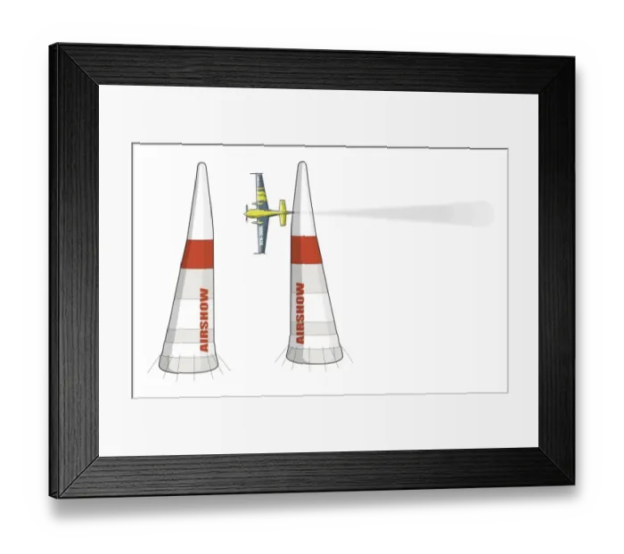 Framed Print : Propeller plane in mid air, and two pylons in foreground Framed Print : Propeller plane in mid air, and two pylons in foreground