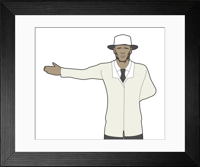 Framed Print : Cricket umpire signalling no ball, one arm pointing to side, other arm behind back Framed Print : Cricket umpire signalling no ball, one arm pointing to side, other arm behind back