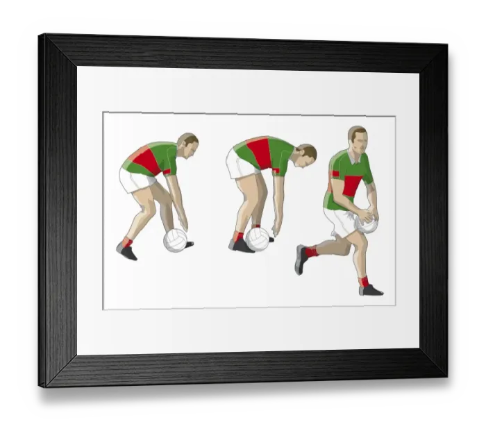 Framed Print : Three stages of Gaelic football player performing crouch lift, supporting ball with one foot, using other foot to lift ball, pulling it up to his body with cupped hands Framed Print : Three stages of Gaelic football player performing crouch lift, supporting ball with one foot, using other foot to lift ball, pulling it up to his body with cupped hands