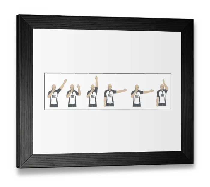 Framed Print : Rugby referee signalling penalty kick, free kick, try and penalty kick, advantage, scrum awarded, knock on