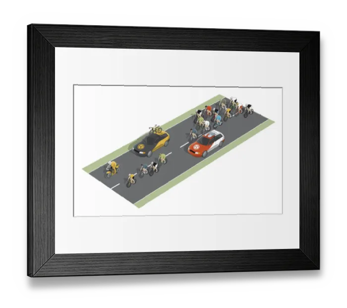 Framed Print : Open road race, including cyclists, team cars and lead motorcycle Framed Print : Open road race, including cyclists, team cars and lead motorcycle