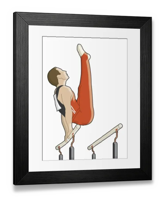 Framed Print : Gymnast holding onto bar with hands behind back, legs straight up in front Framed Print : Gymnast holding onto bar with hands behind back, legs straight up in front