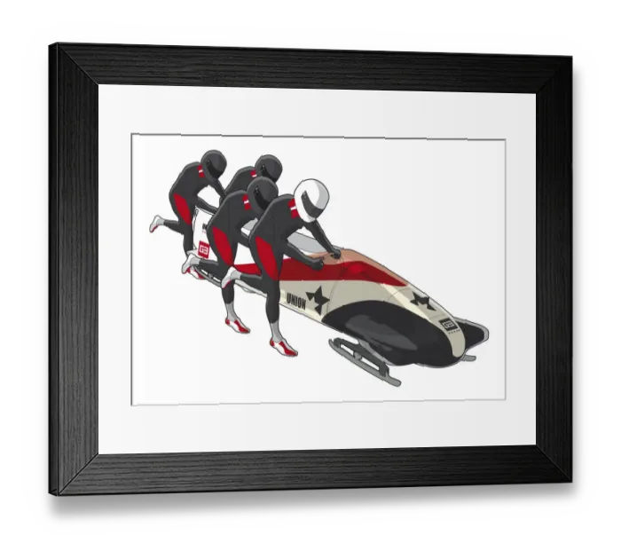Framed Print : Bobsledding team of four, pushing off Framed Print : Bobsledding team of four, pushing off
