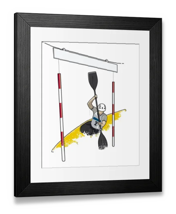 Framed Print : White-water slalom racer holding paddle in vertical position while passing through gate Framed Print : White-water slalom racer holding paddle in vertical position while passing through gate