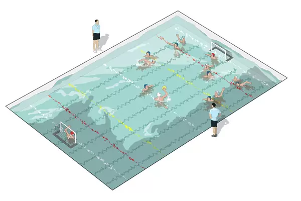 Water polo players in swimming pool, referees on either side