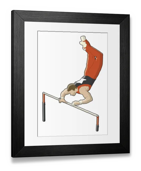Framed Print : Gymnast holding onto bar with one hand, legs up in the air