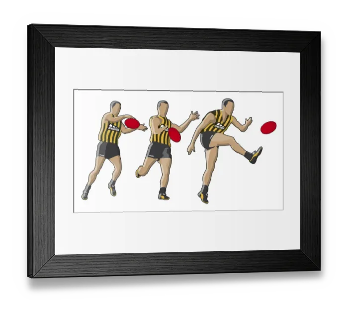 Framed Print : Three stages of Australian football player kicking ball, drop punting Framed Print : Three stages of Australian football player kicking ball, drop punting