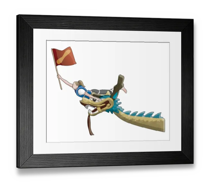 Framed Print : Flag puller holding flag, on top of dragons head at front of dragon boat