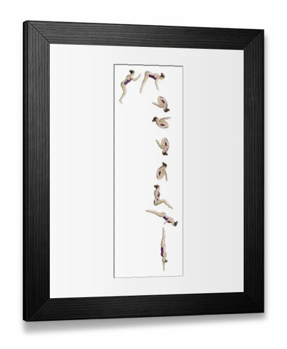 Framed Print : Different stages of diver performing forward two-and-a-half somersaults with tuck Framed Print : Different stages of diver performing forward two-and-a-half somersaults with tuck