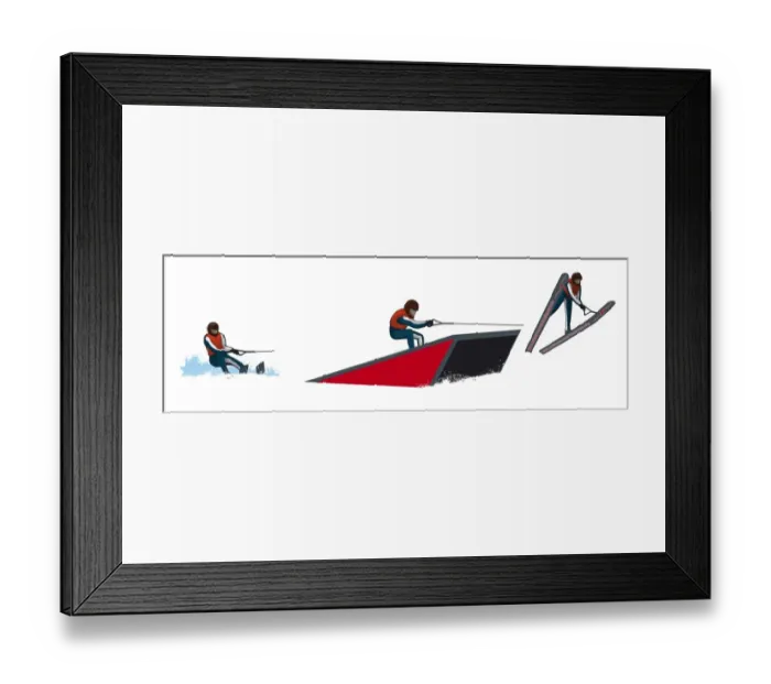 Framed Print : Three stages of water skier approaching and jumping off ramp Framed Print : Three stages of water skier approaching and jumping off ramp