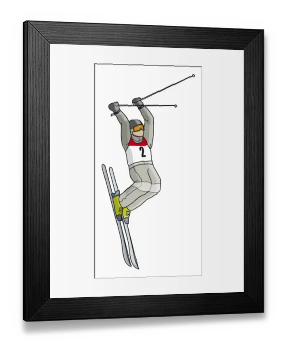 Framed Print : Freestyle skier in mid air, arms raised Framed Print : Freestyle skier in mid air, arms raised
