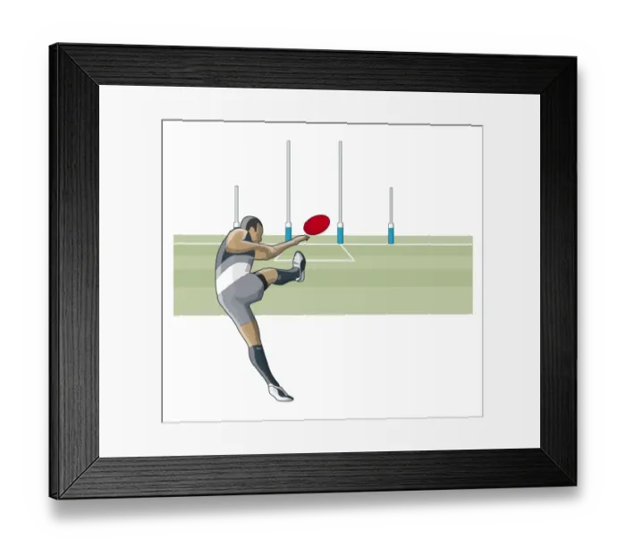 Framed Print : Australian football player kicking ball towards goal posts Framed Print : Australian football player kicking ball towards goal posts