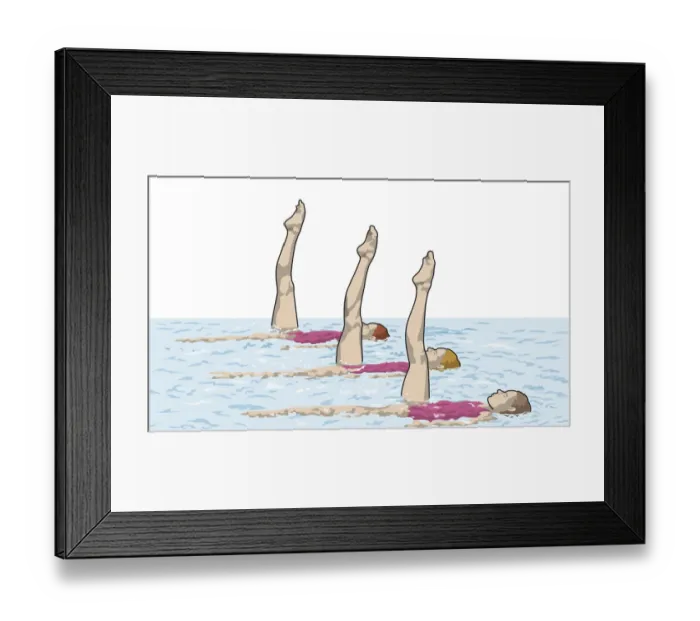 Framed Print : Three swimmers floating on water, right legs held straight up Framed Print : Three swimmers floating on water, right legs held straight up
