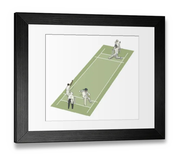 Framed Print : Wicket keeper, batters and umpire on cricket field Framed Print : Wicket keeper, batters and umpire on cricket field