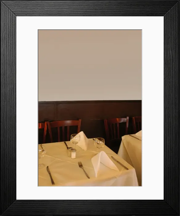 Framed Print : Table at restaurant, tablecloth, cutlery, wine glasses, napkins, wooden panelling Framed Print : Table at restaurant, tablecloth, cutlery, wine glasses, napkins, wooden panelling