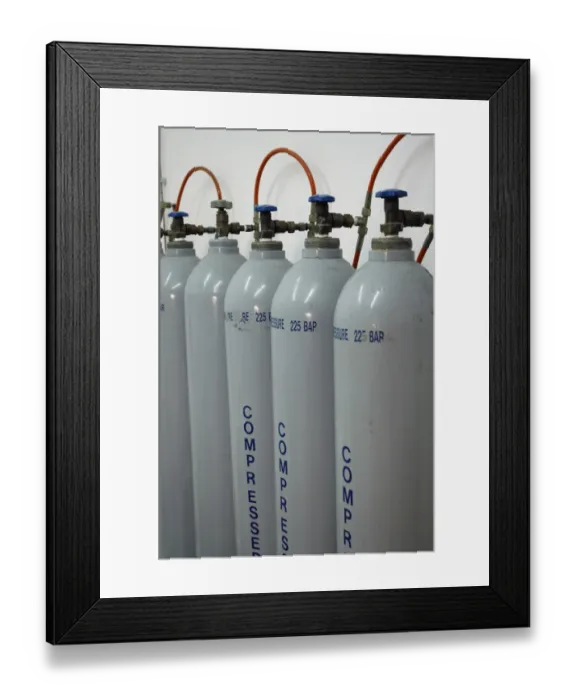 Framed Print : Gas cylinders, compressed air, in a row