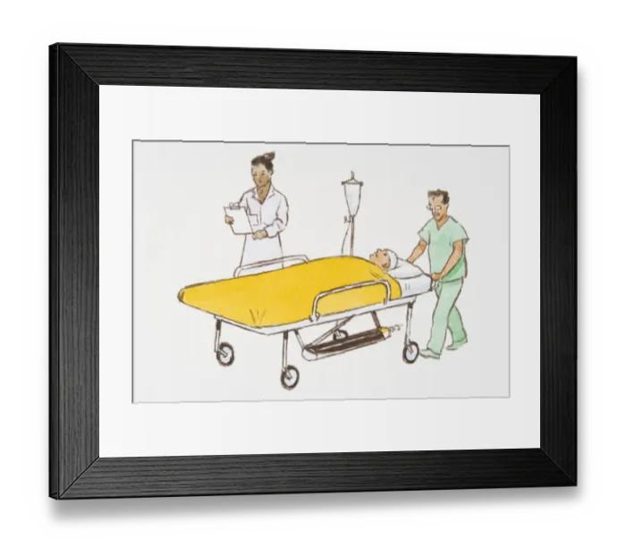 Framed Print : Illustration of nurse reading clipboard as hospital porter walks by pushing unconscious patient in bed Framed Print : Illustration of nurse reading clipboard as hospital porter walks by pushing unconscious patient in bed