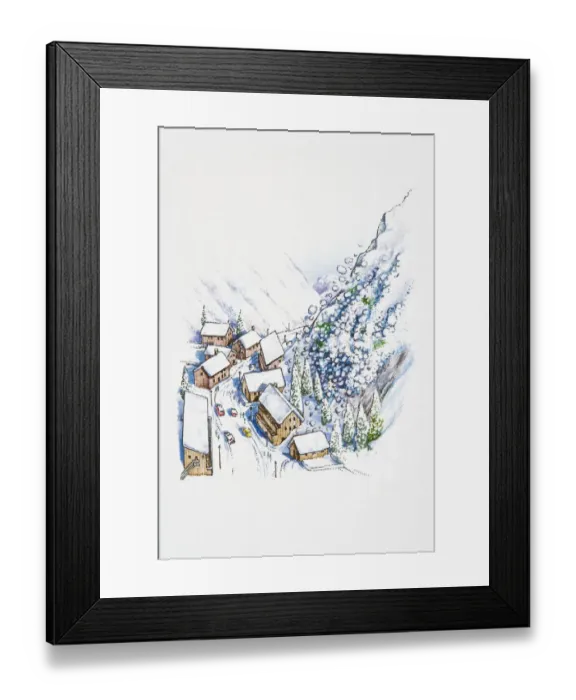 Framed Print : Illustration of avalanche moving down mountains to snow-covered rooftops in valley