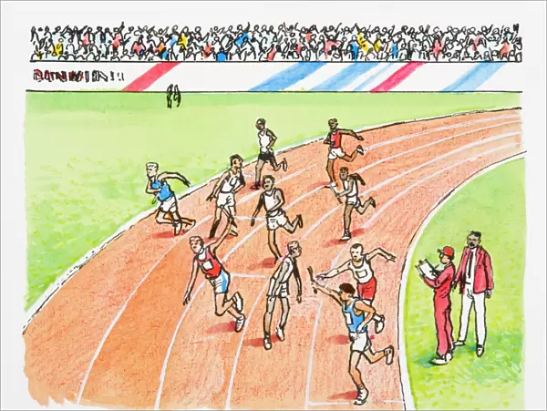Illustration of athletes passing the baton during relay race as sports officials look on