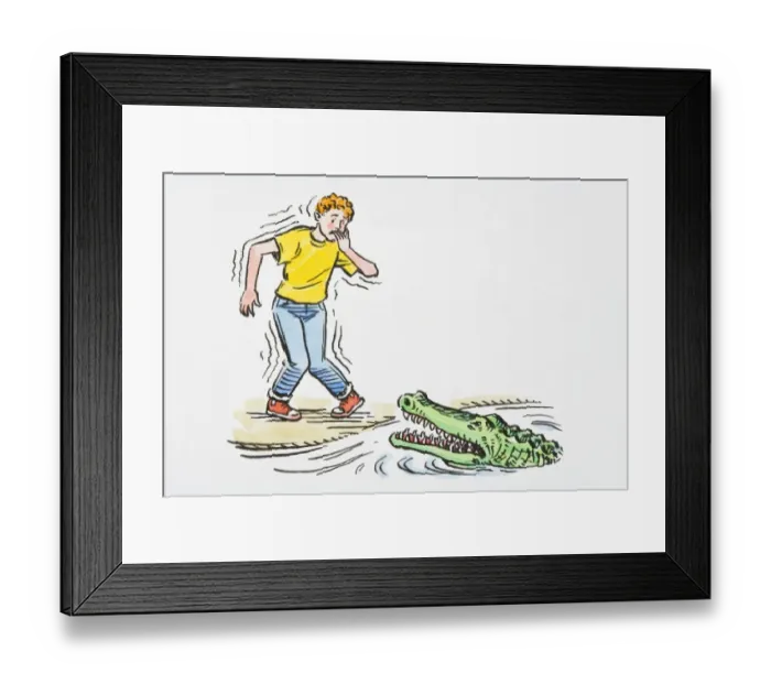 Framed Print : Illustration of teenager shaking with fear, knees knocking and fingers in mouth standing at edge of water looking at crocodile with open mouth Framed Print : Illustration of teenager shaking with fear, knees knocking and fingers in mouth standing at edge of water looking at crocodile with open mouth