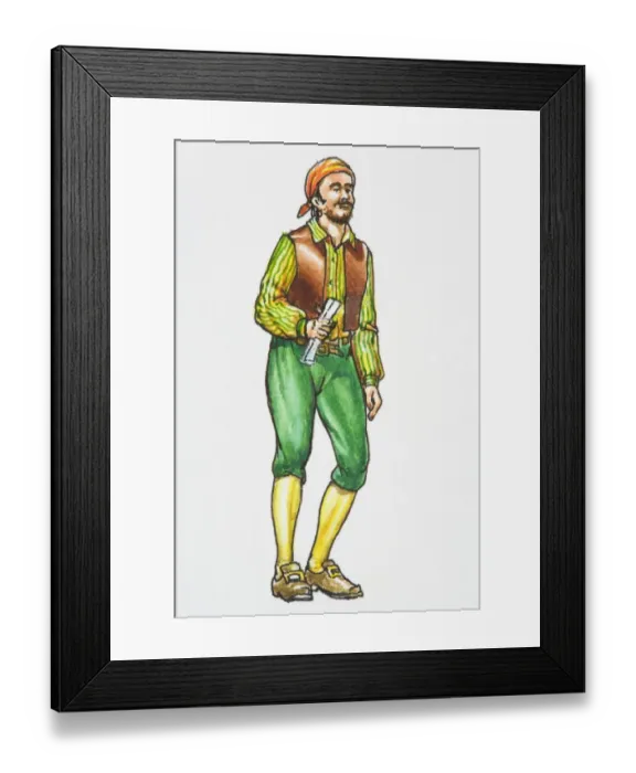 Framed Print : Illustration of pirate holding paper, with beard wearing headscarf, shirt, waistcoat, leggings and leather shoes Framed Print : Illustration of pirate holding paper, with beard wearing headscarf, shirt, waistcoat, leggings and leather shoes