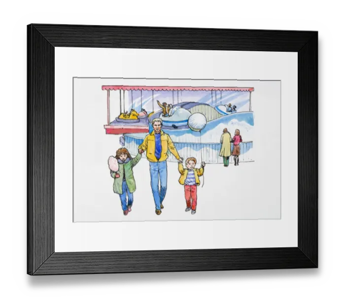 Framed Print : Illustration of father walking with children at amusement park Framed Print : Illustration of father walking with children at amusement park